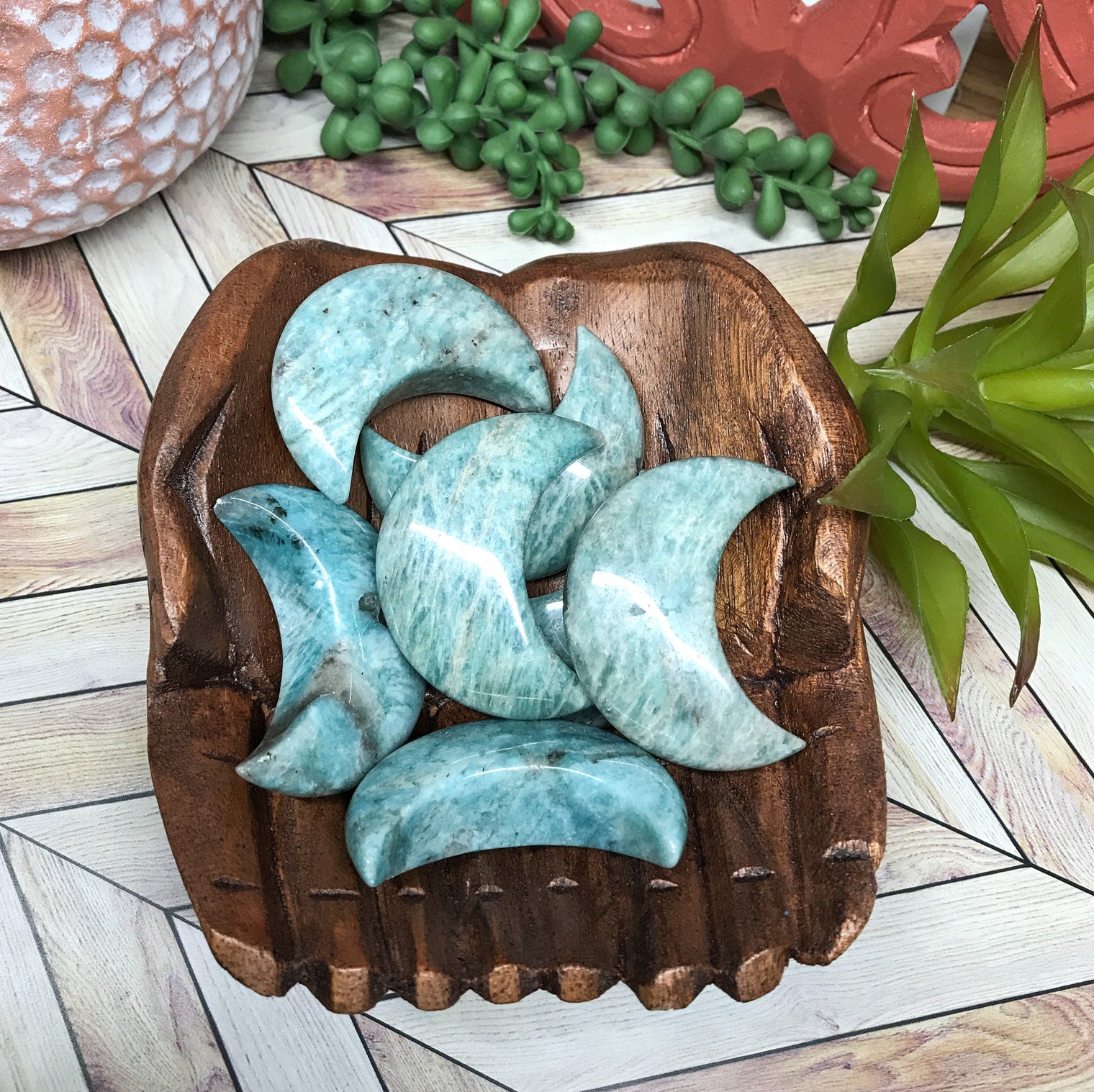 Amazonite Crescent Moon Palm Stone for Communication, Objectivity & Inner Conflicts