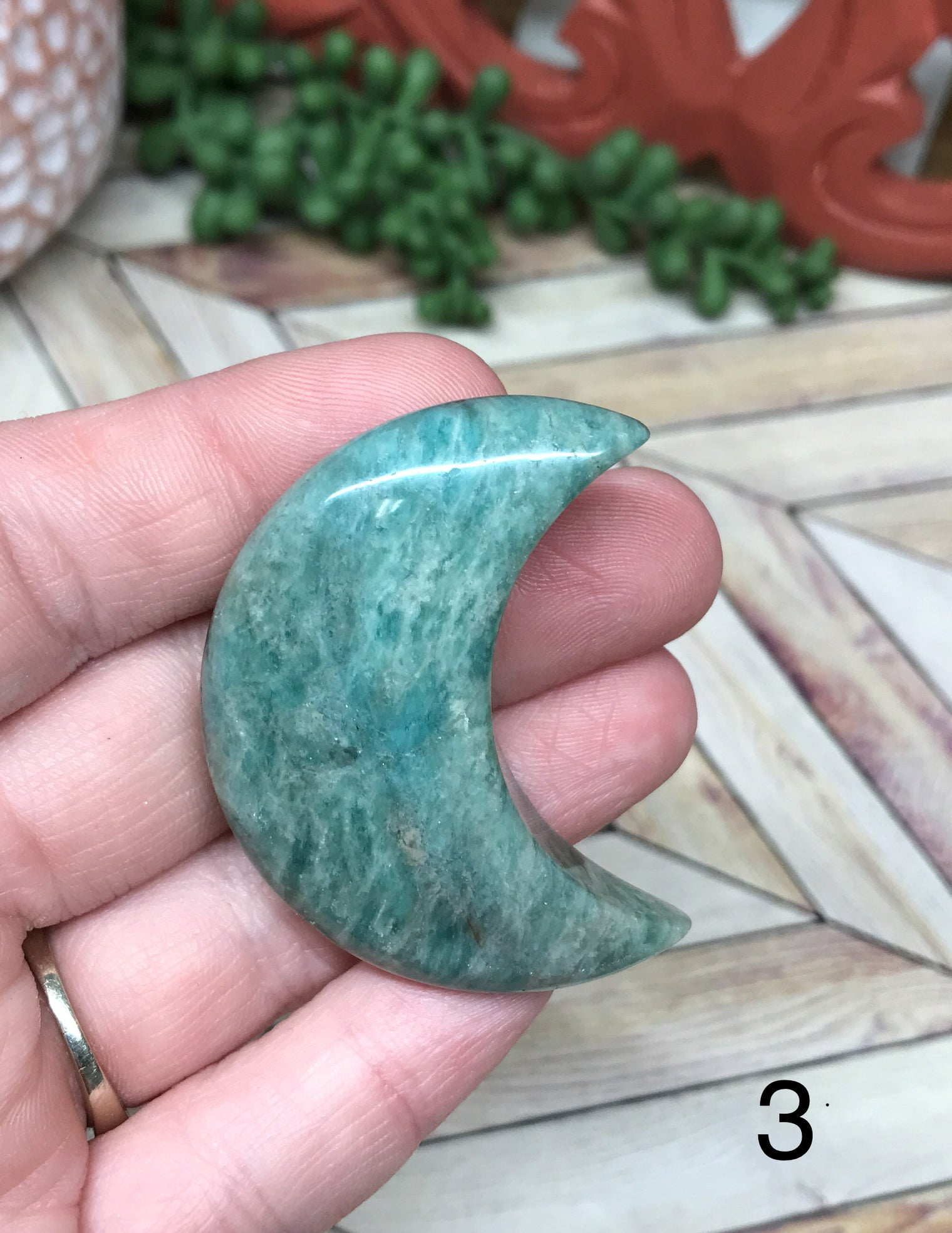 Amazonite Crescent Moon Palm Stone for Communication, Objectivity & Inner Conflicts