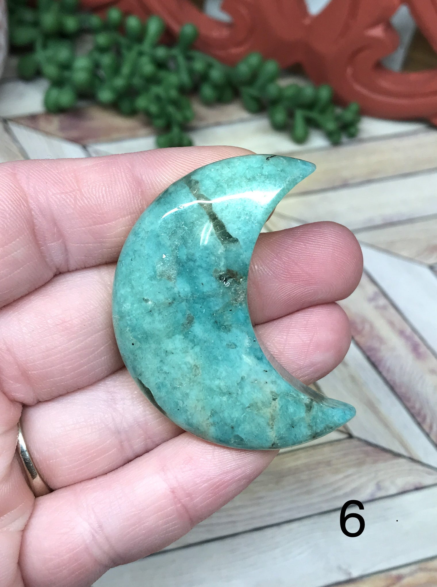Amazonite Crescent Moon Palm Stone for Communication, Objectivity & Inner Conflicts