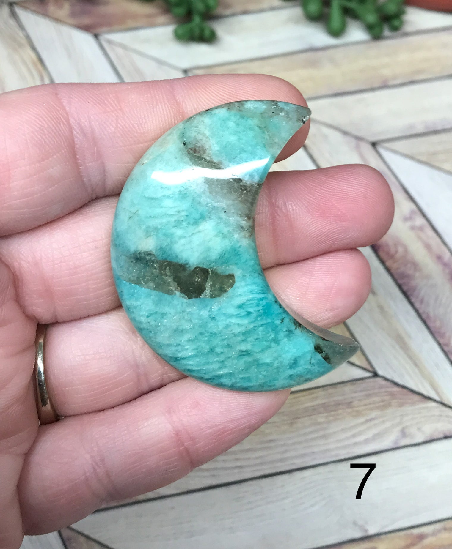 Amazonite Crescent Moon Palm Stone for Communication, Objectivity & Inner Conflicts