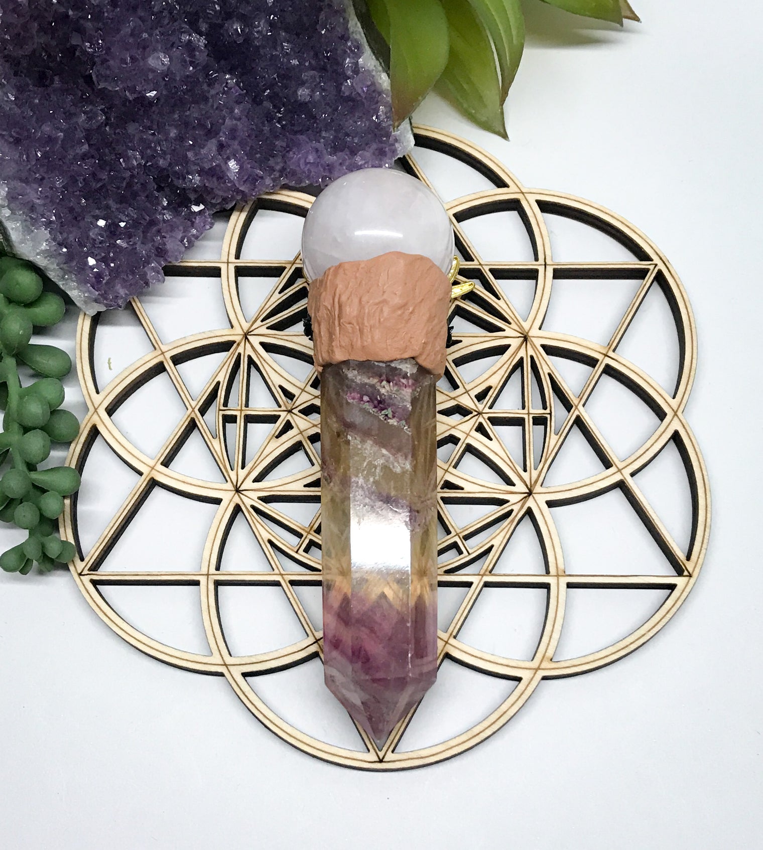 Fluorite and Rose Quartz Wand for Mental Focus, Self Confidence & Self Love
