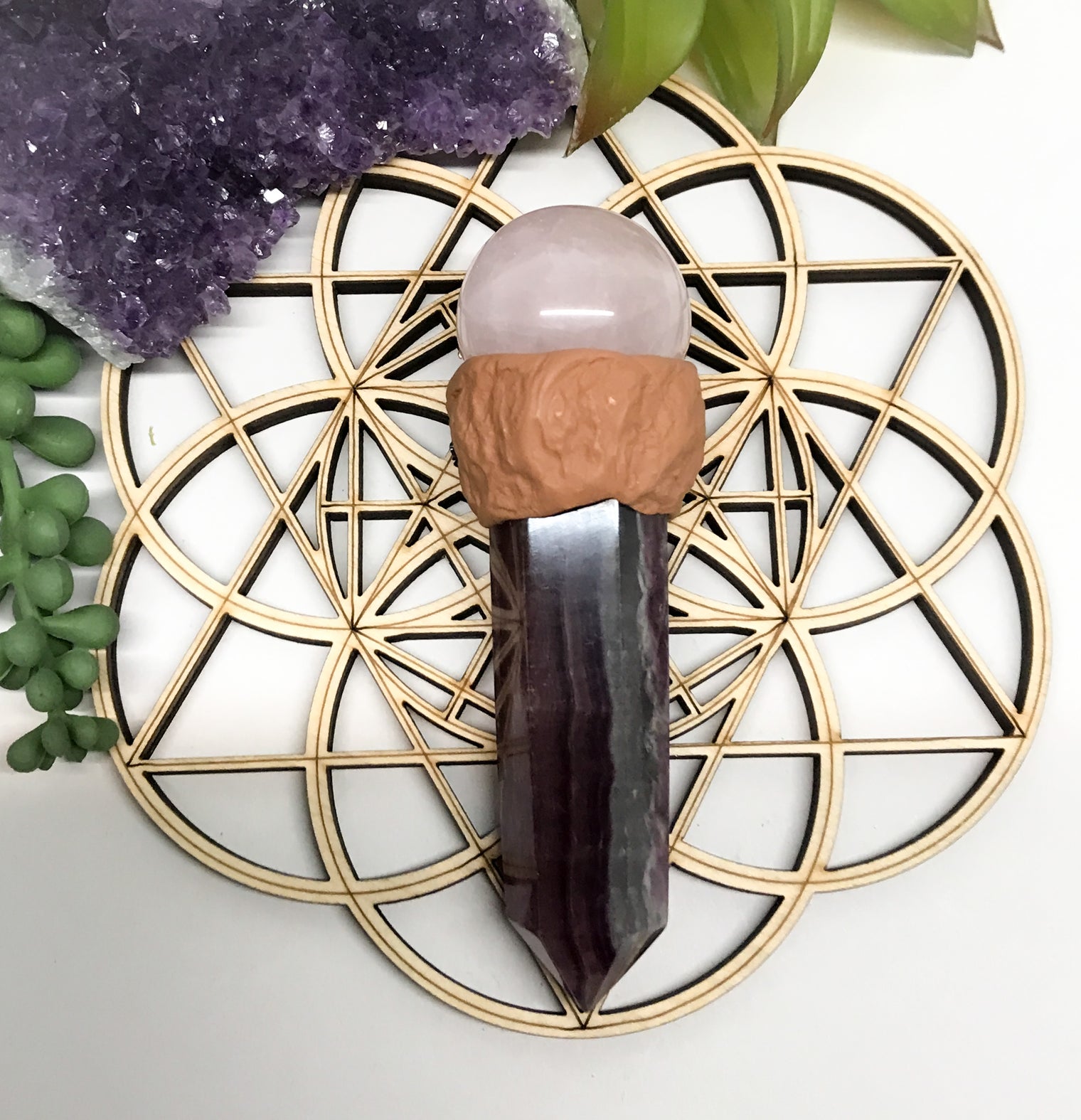 Fluorite and Rose Quartz Wand for Mental Focus, Self Confidence & Self Love