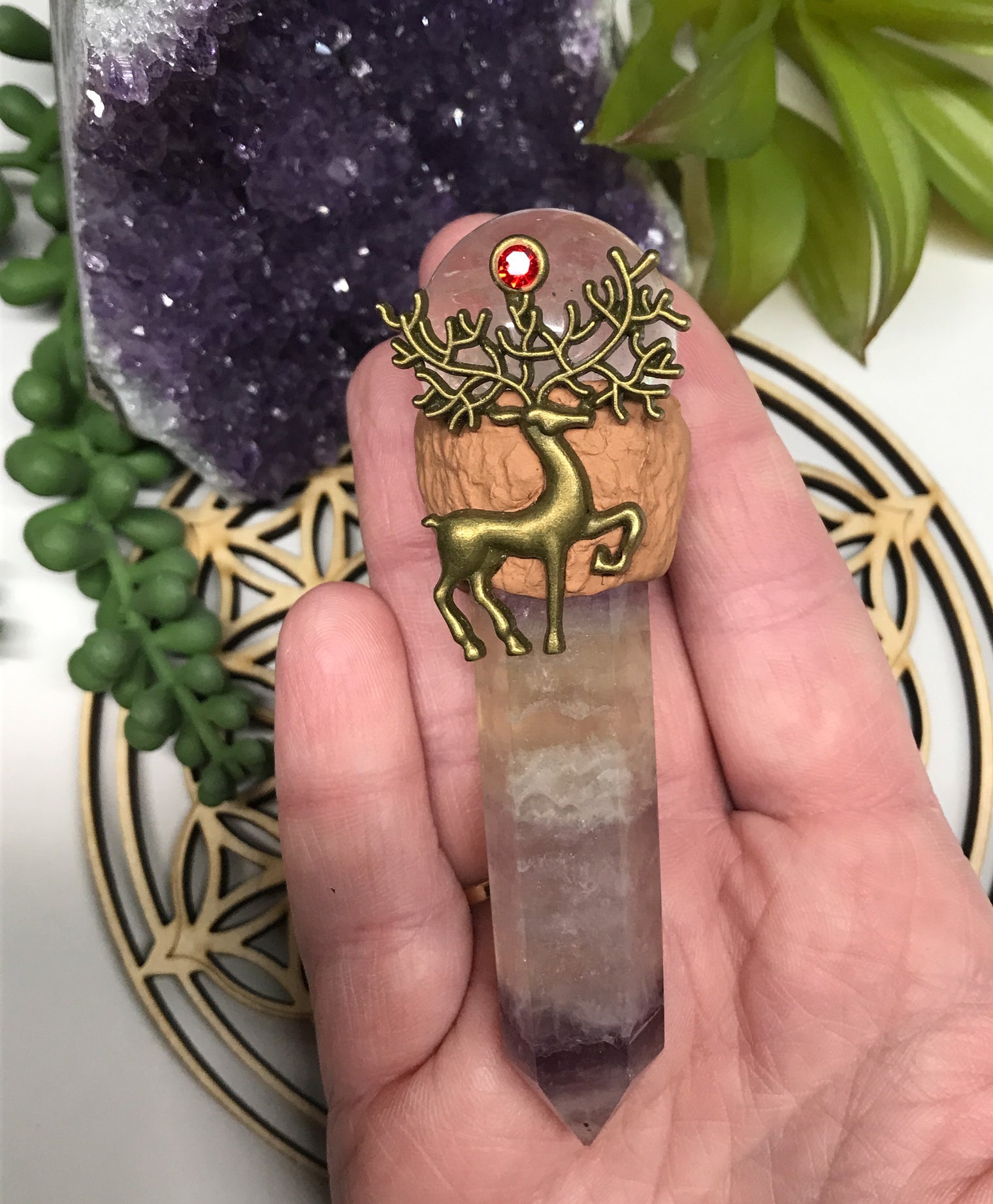 Fluorite and Crystal Quartz Wand for Mental Focus, Confidence & Healing