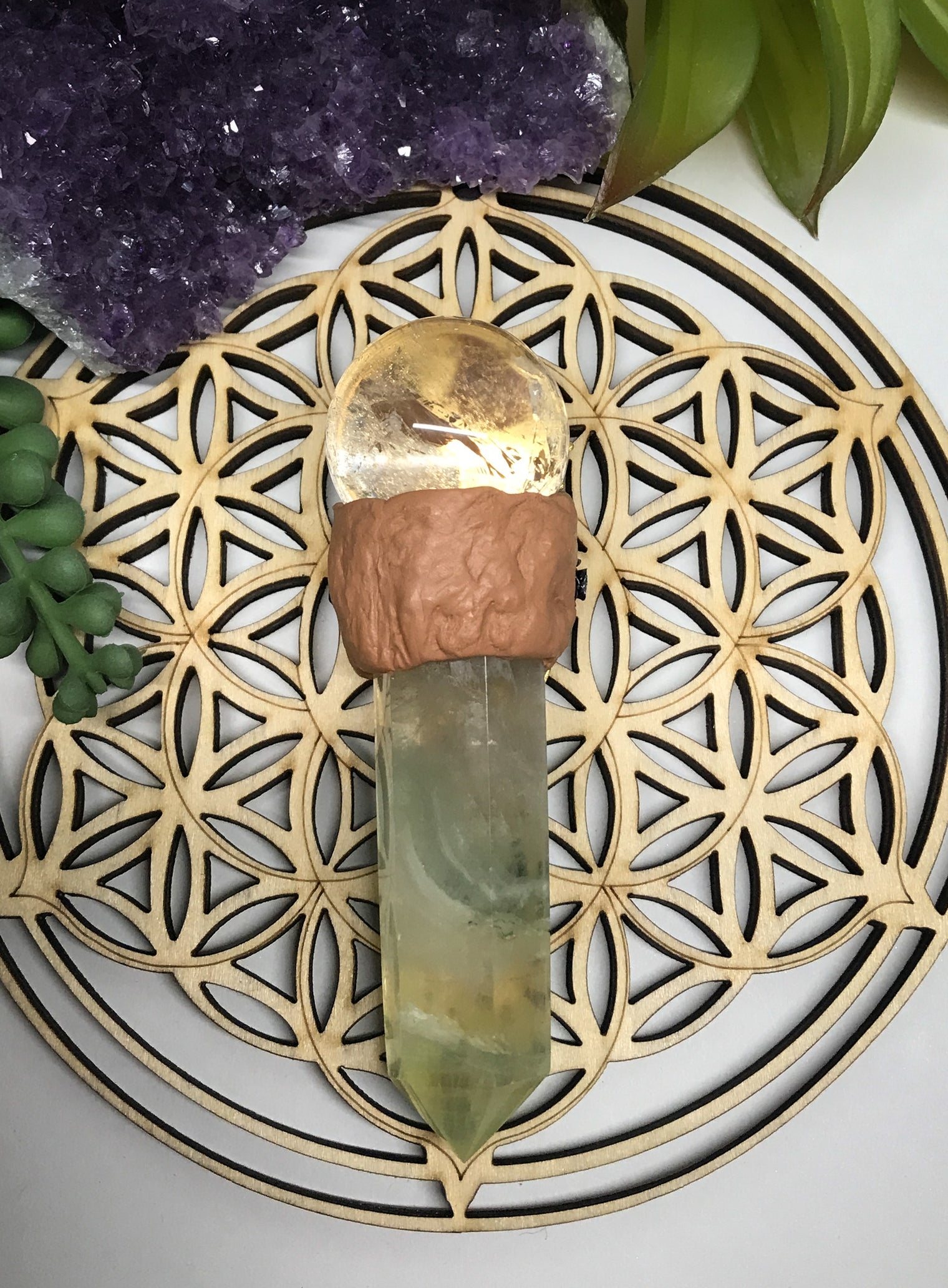 Fluorite and Crystal Quartz Wand for Mental Focus, Confidence & Healing
