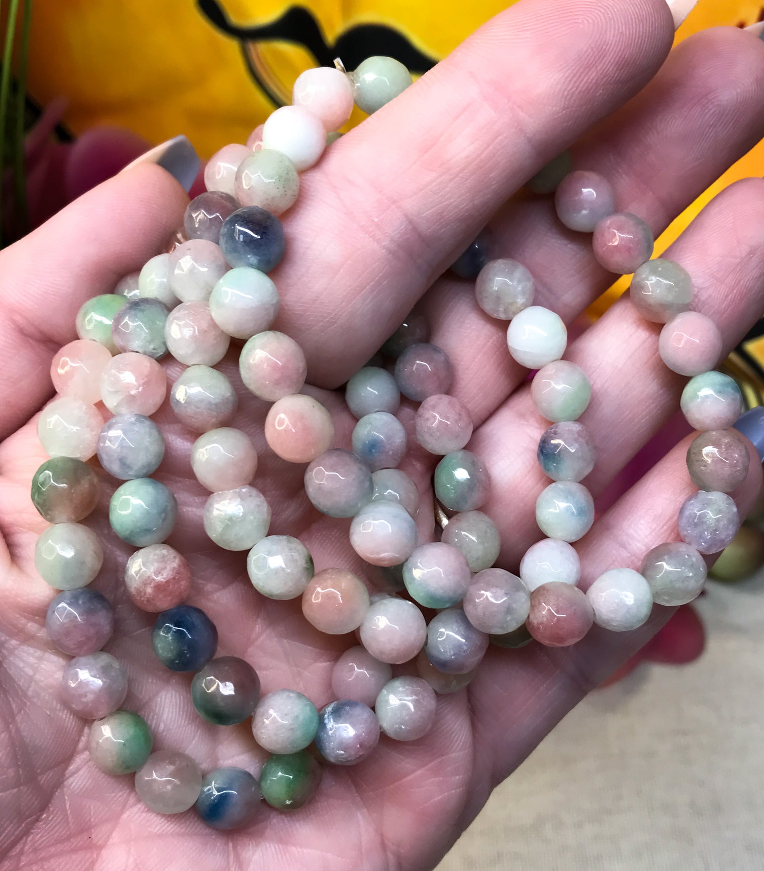 Multicolored Jade Gemstone Bracelet for Metabolism, Inner Strength & Stability