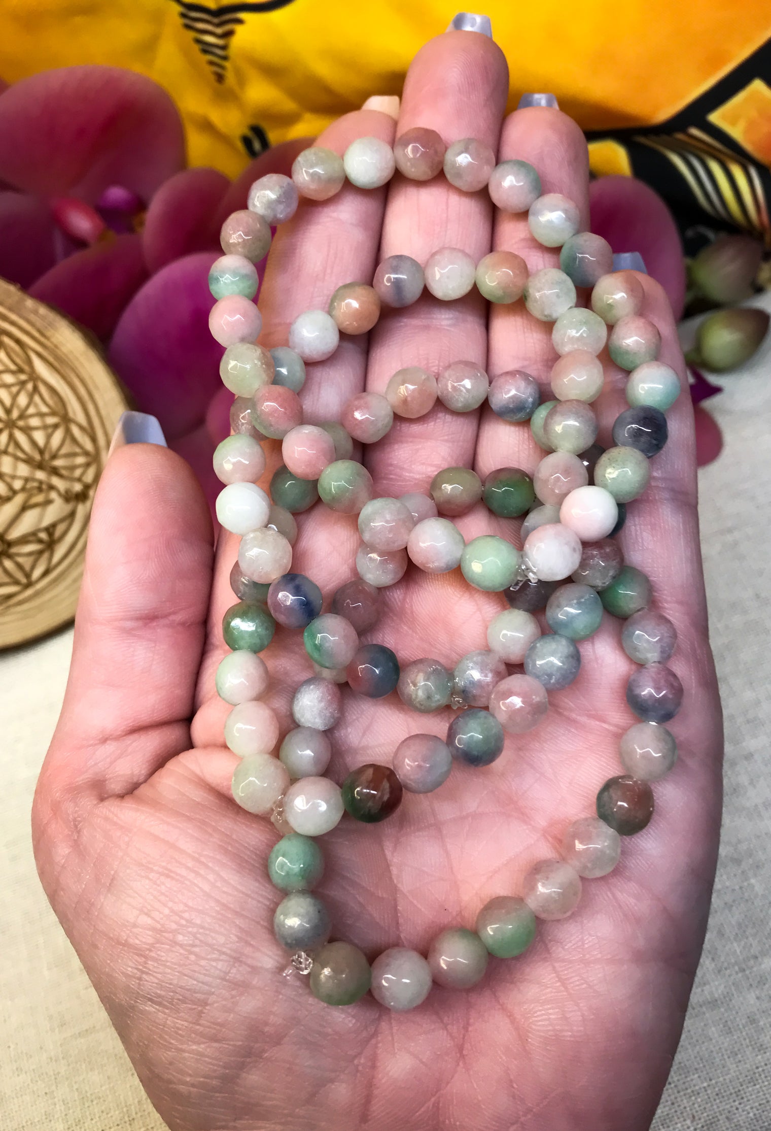 Multicolored Jade Gemstone Bracelet for Metabolism, Inner Strength & Stability