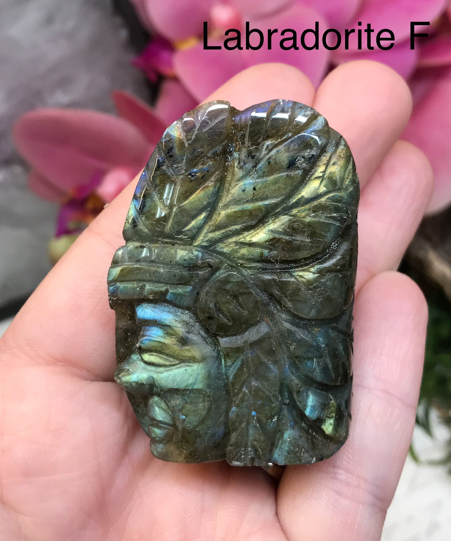 Labradorite Carved Indian Head for Balanced Energy, Intuition & Harmony