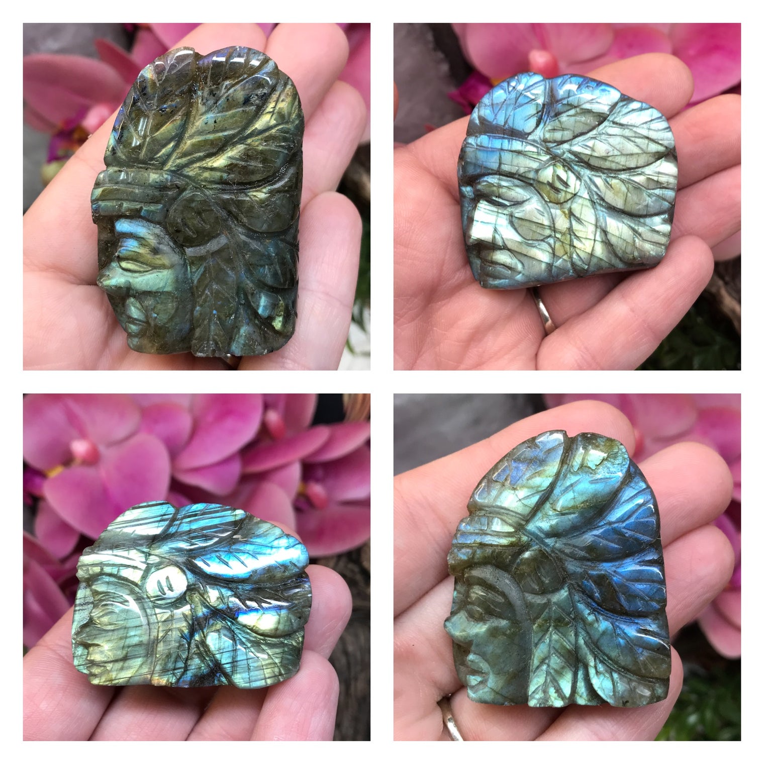 Labradorite Carved Indian Head for Balanced Energy, Intuition & Harmony