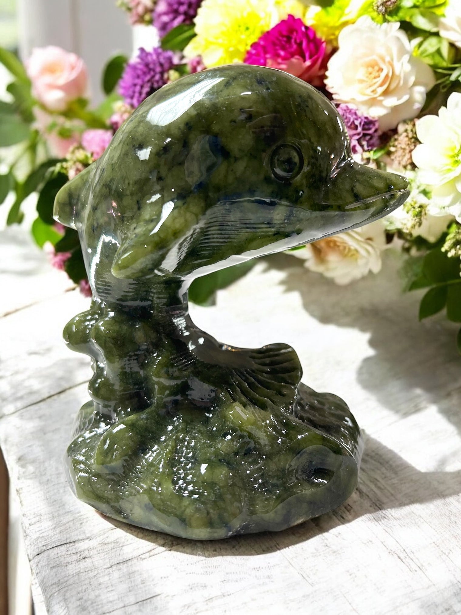 Nephrite Jade Dolphin Carving for Attracting Wealth, Good Luck & Good Health