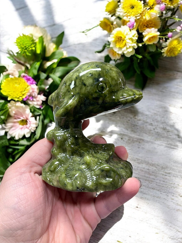 Nephrite Jade Dolphin Carving for Attracting Wealth, Good Luck & Good Health