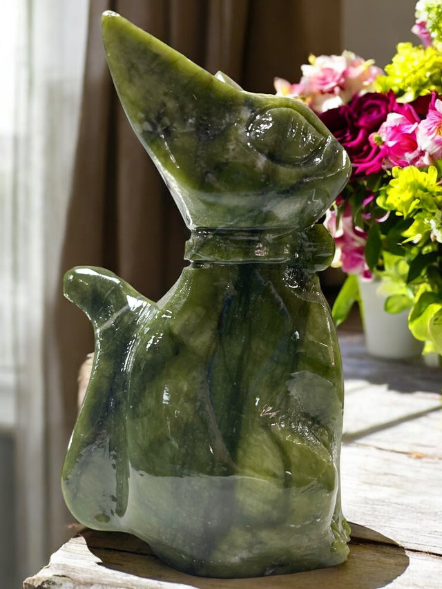 Nephrite Jade Cat Carving for Attracting Wealth, Good Luck & Good Health