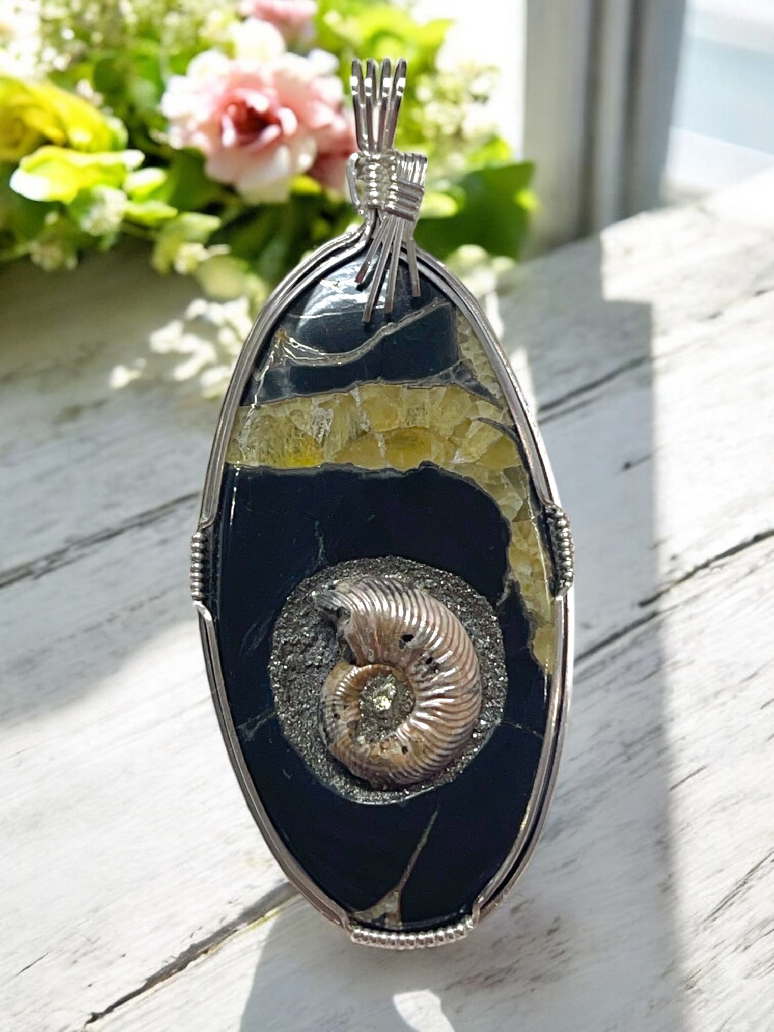Ammonite Imbedded in Simbercite for Karmic Healing, Ancestral Wisdom & Embracing Change