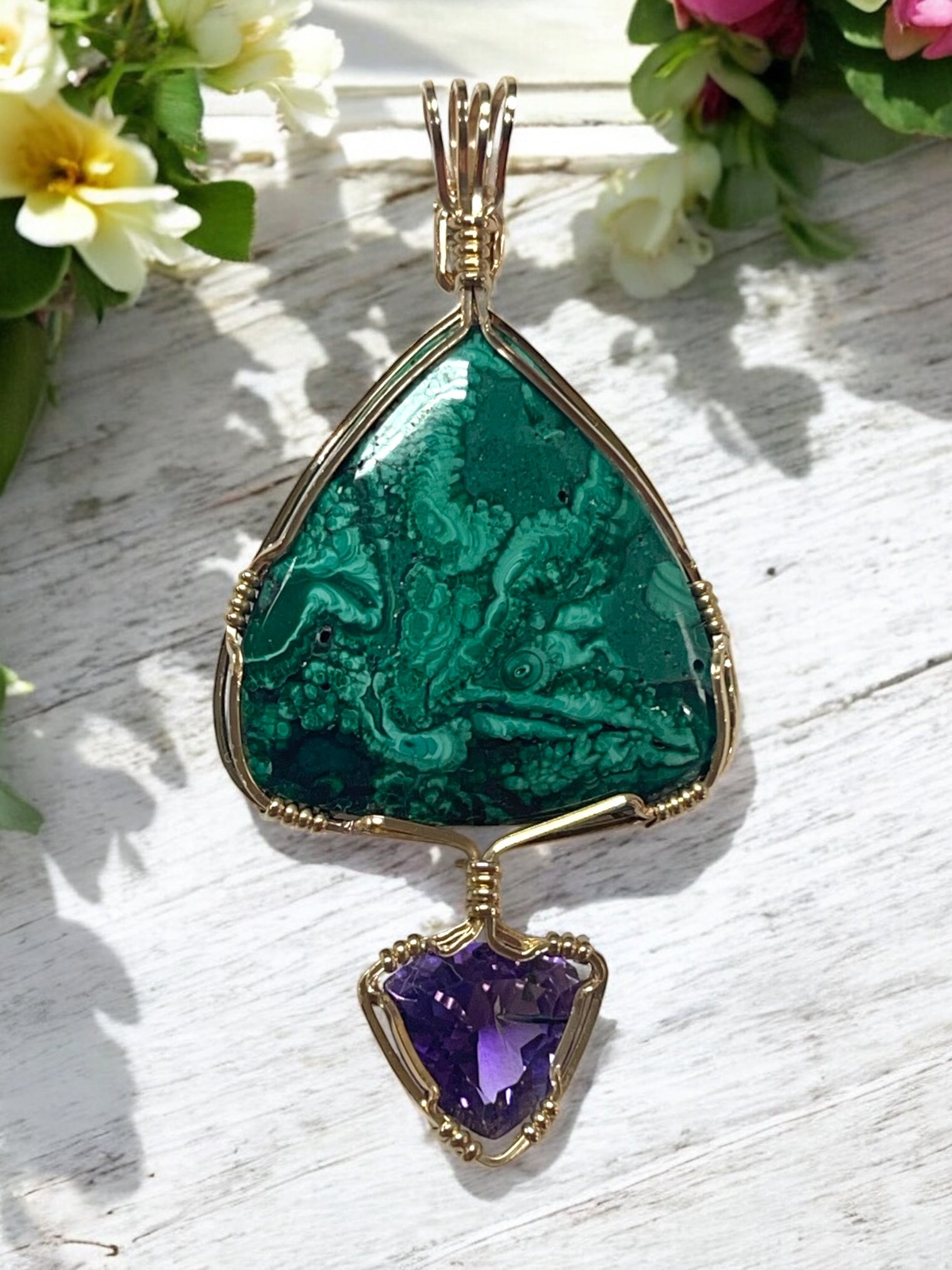 Malachite and Amethyst Pendant for Protection, Self Awareness & Spiritual Wisdom