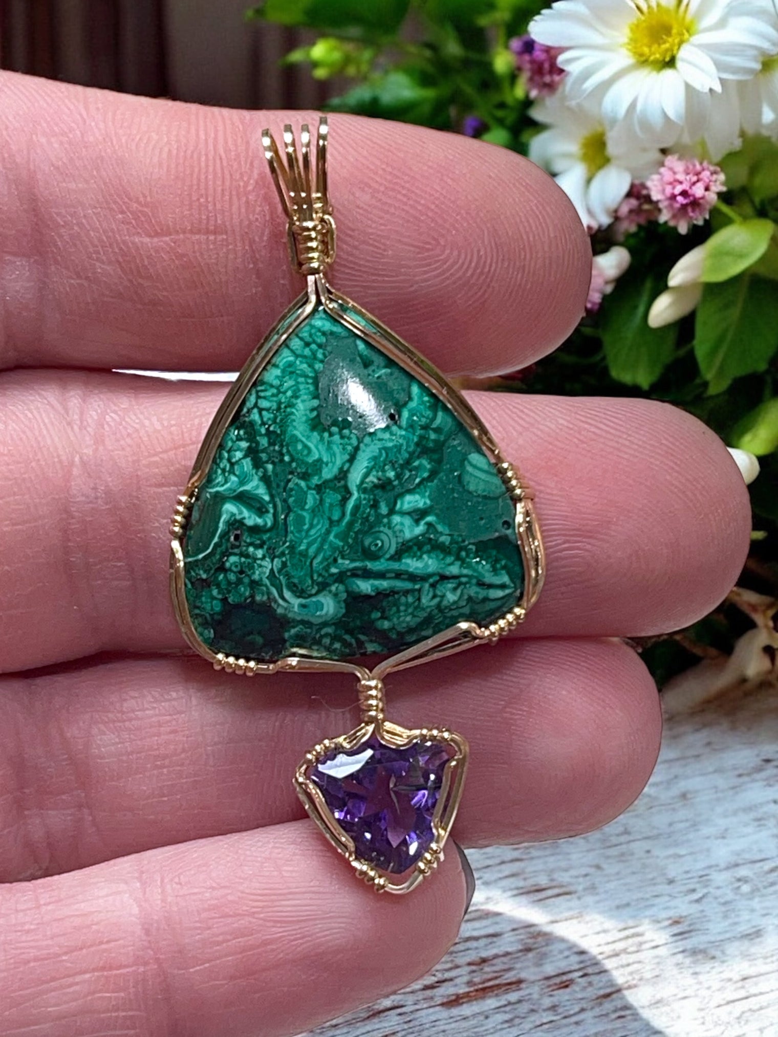Malachite and Amethyst Pendant for Protection, Self Awareness & Spiritual Wisdom