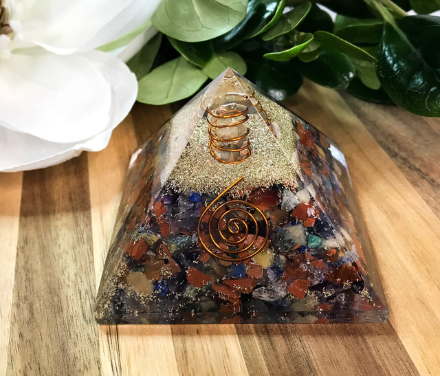 Mixed Stone Chakra Orgonite Pyramid for Aligning & Cleansing Your Chakra's