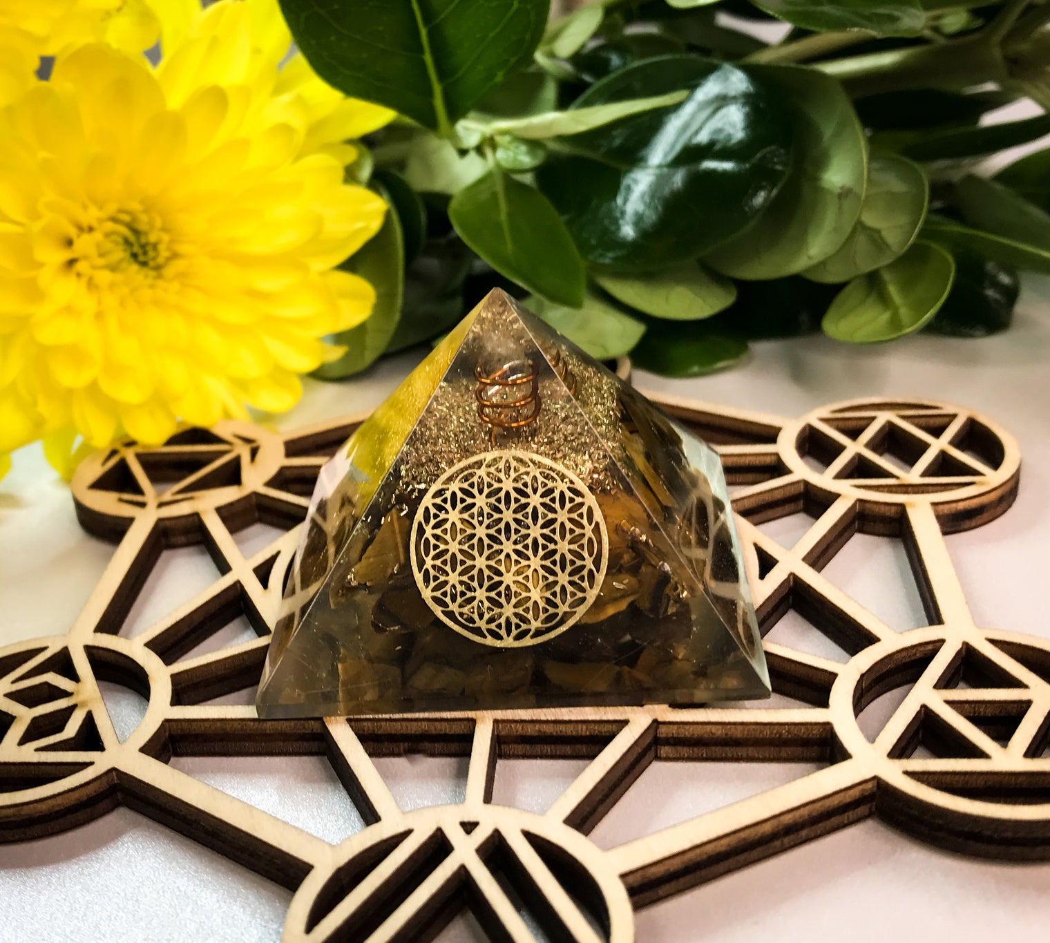 Tiger Eye Orgonite Pyramid with Quartz Point
