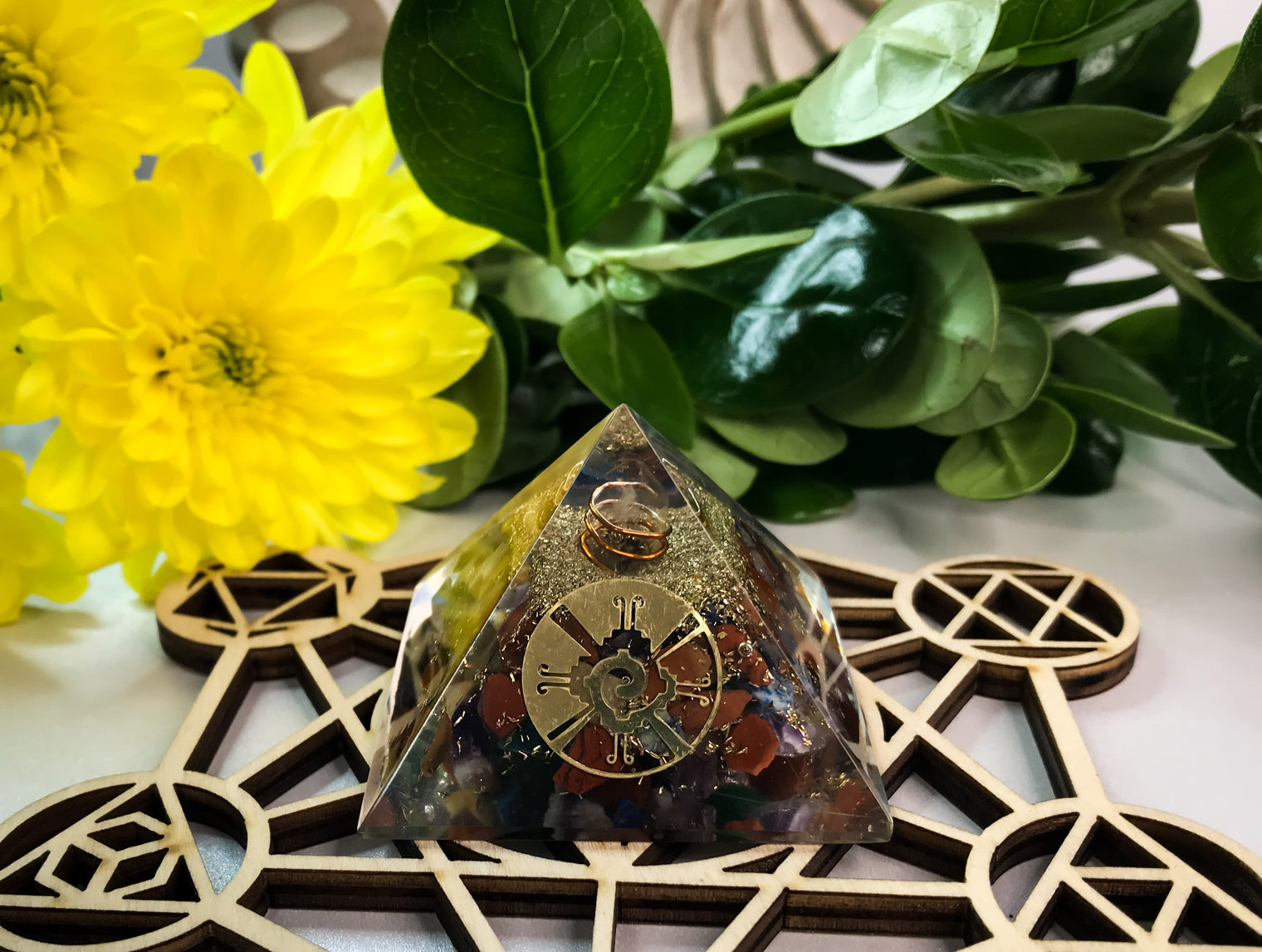 Mixed Stone Chakra Orgonite Pyramid for Aligning & Cleansing Your Chakra's
