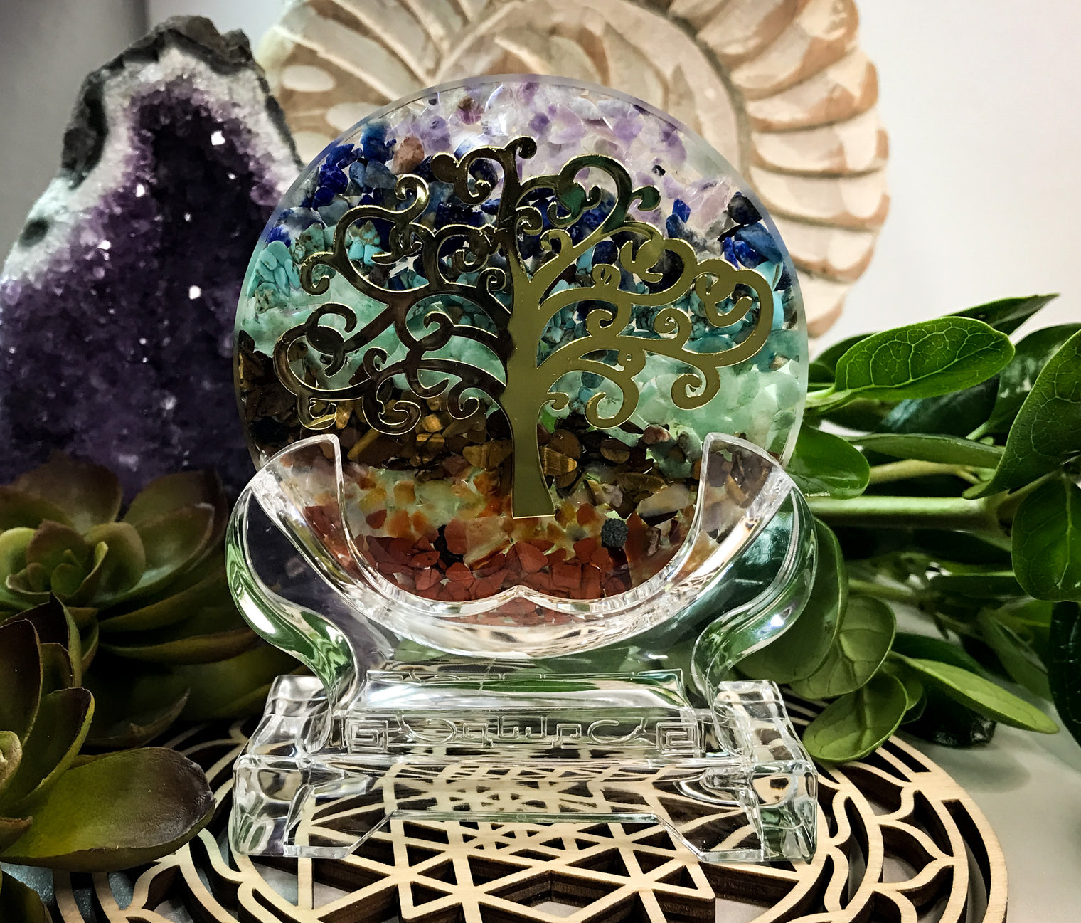 Chakra Tree Of Life Orgonite Plate with Stand for Aligning & Cleansing Your Chakra's