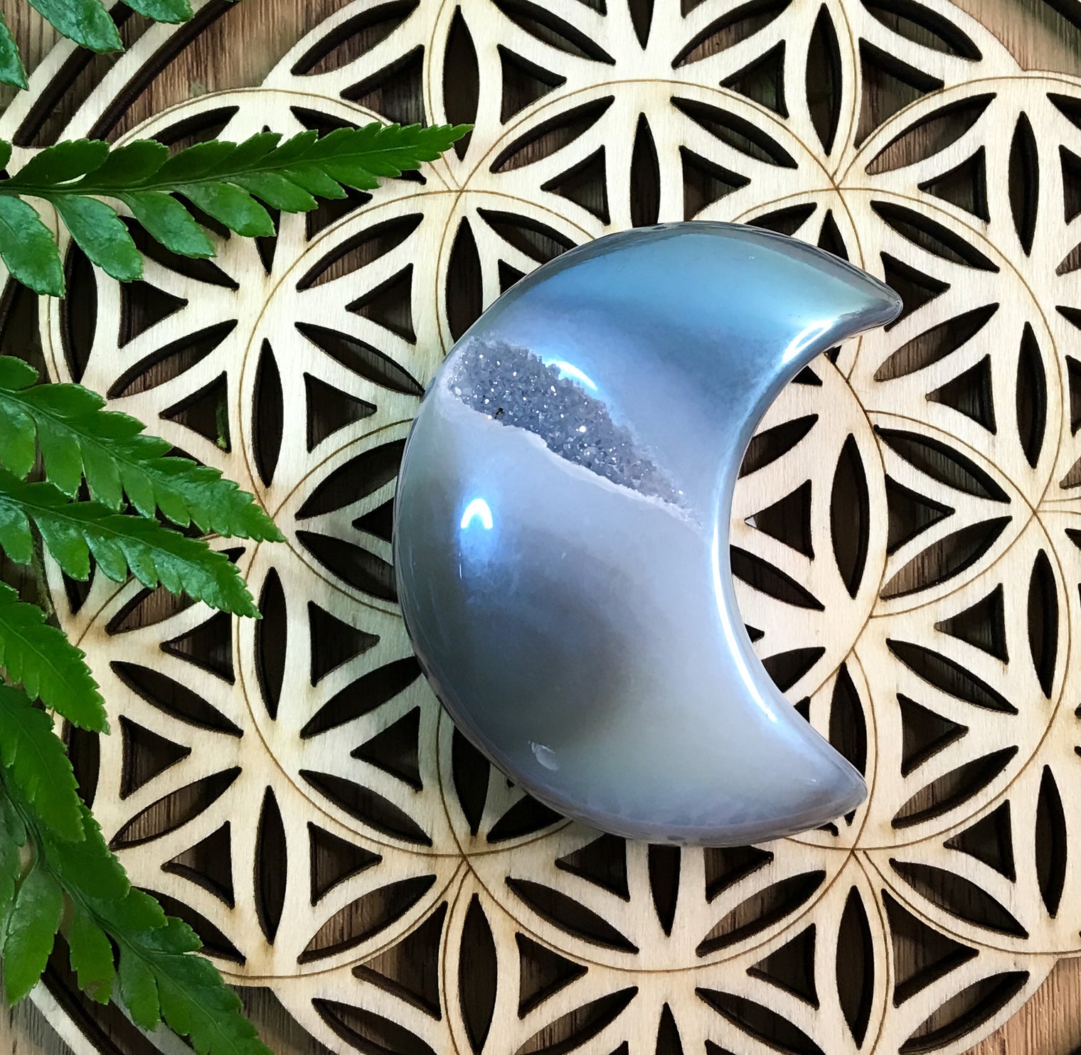 Angel Aura Druzy Moon Palm Stone for Spiritual Connection, Energy Balance & Peace