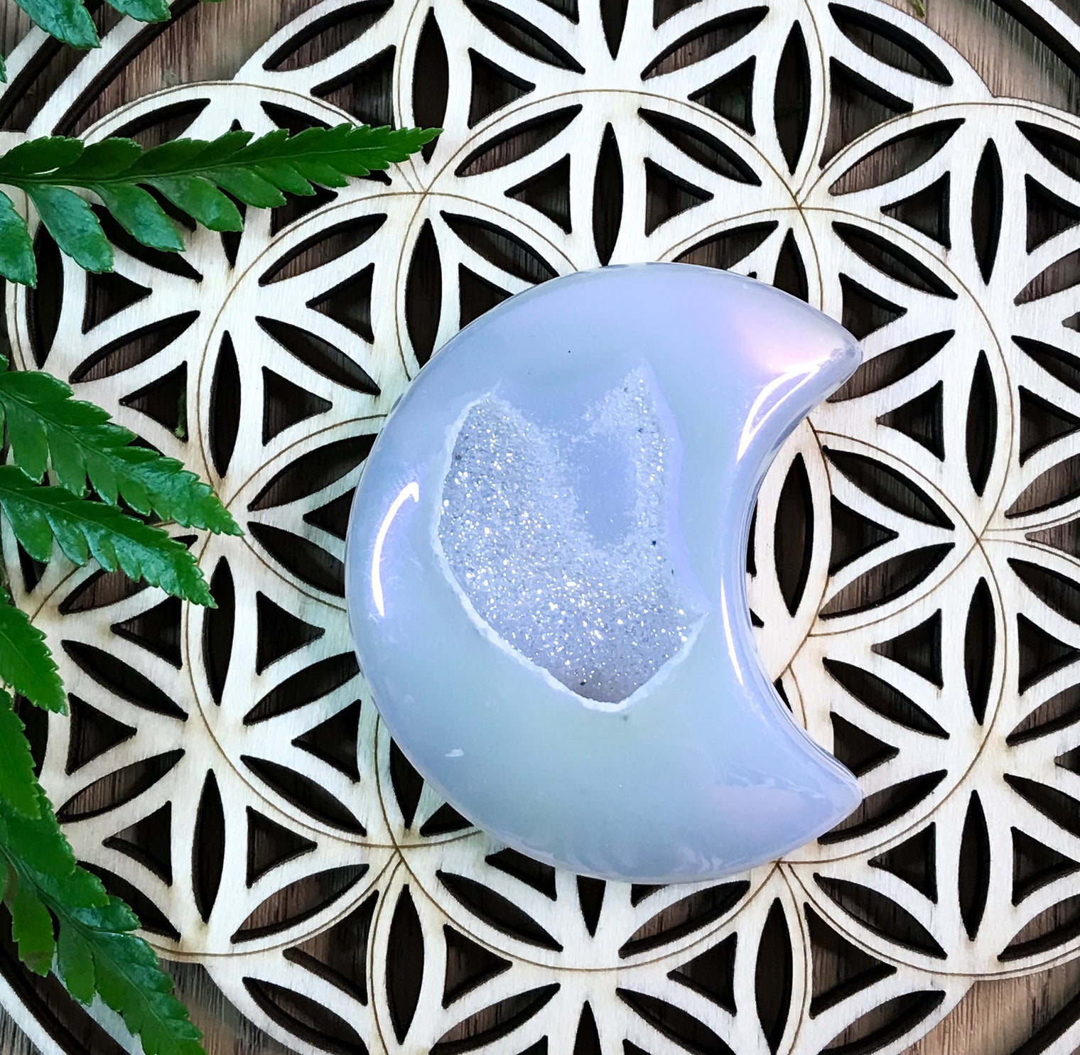 Angel Aura Druzy Moon Palm Stone for Spiritual Connection, Energy Balance & Peace