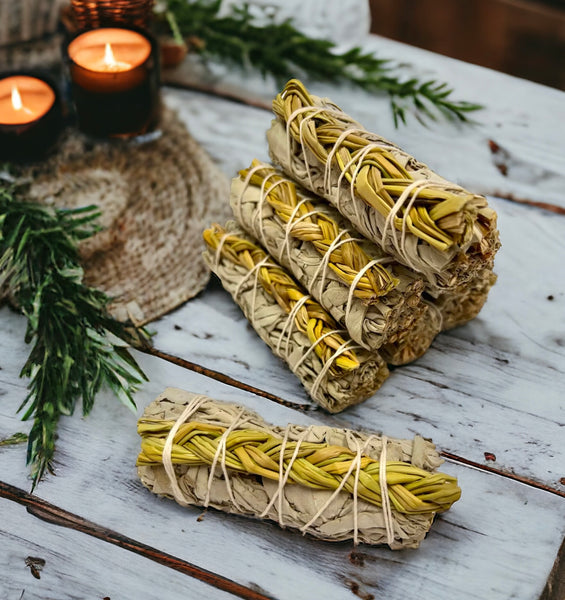 Sweet Grass & White Sage Smudge Stick for Strength of Family, Happiness & Energy Boosting