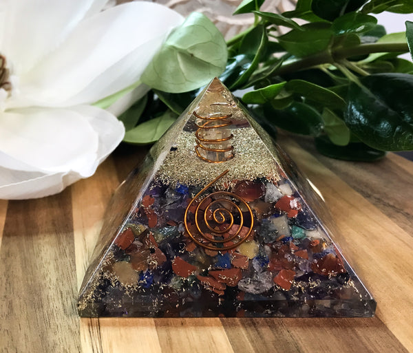Mixed Stone Chakra Orgonite Pyramid for Aligning & Cleansing Your Chakra's